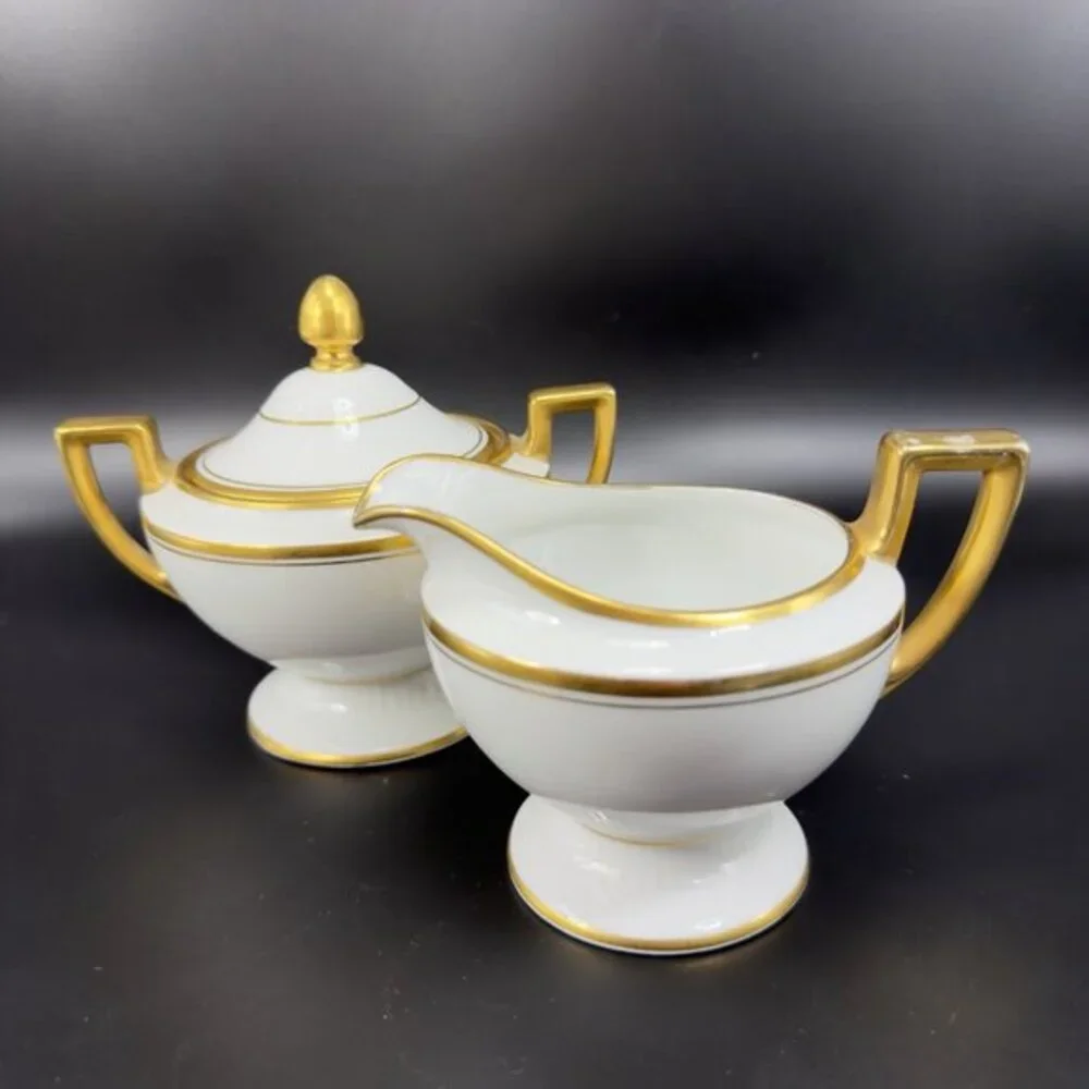 Antique Bavaria Tirschenreuth Fine Porcelain Sugar And Creamer Set Gold Trim VTG